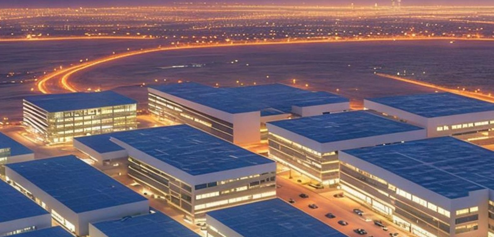 Wide aerial view of Erisha manufacturing halls and supporting industrial buildings at dusk