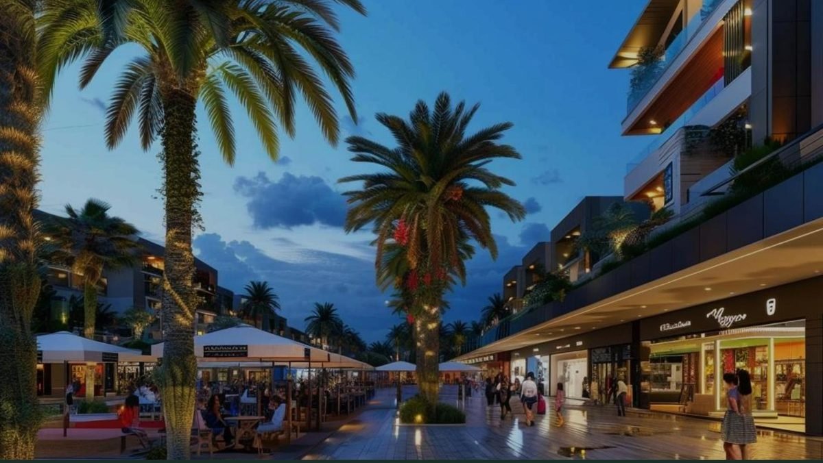 Evening view of the Erisha retail and dining plaza with palms and illuminated storefronts