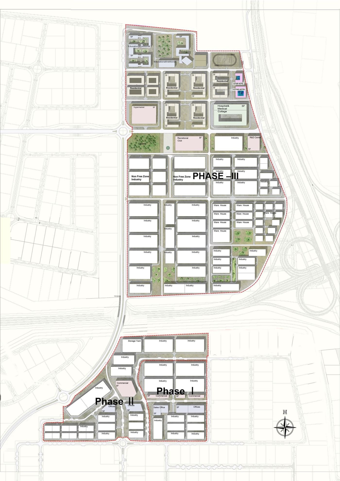 Erisha Smart Manufacturing Hub masterplan drawing showing Phase I, Phase II and Phase III land use across 335 acres