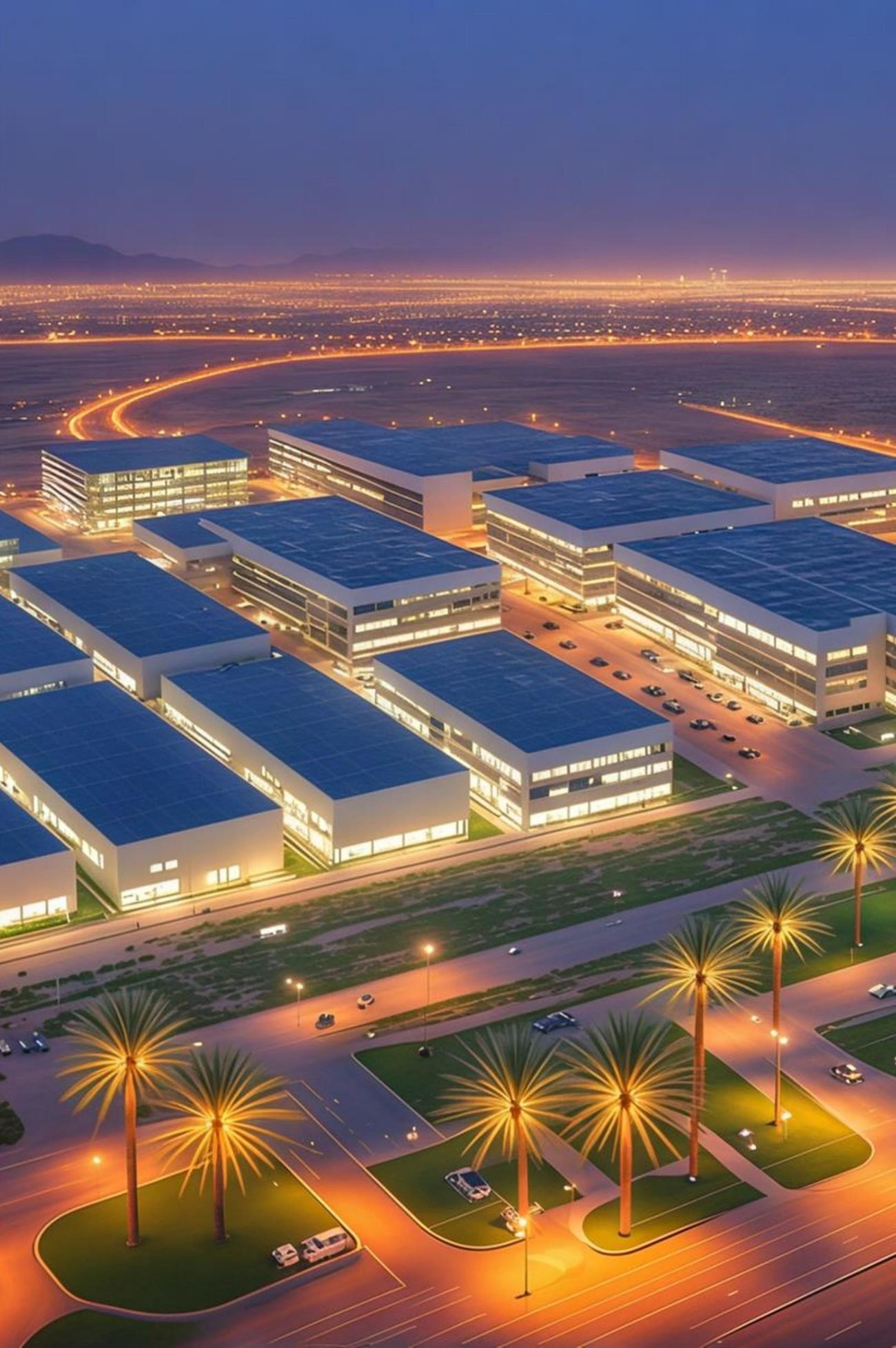 Aerial view at dusk of the Erisha Smart Manufacturing Hub in RAKEZ, Ras Al Khaimah, showing solar-roofed manufacturing halls and landscaped boulevards