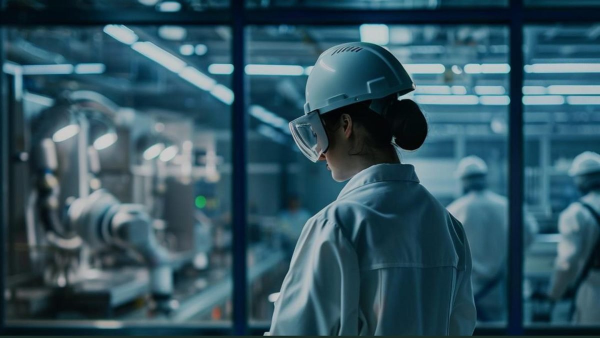 Engineer in cleanroom garments observing semiconductor process equipment
