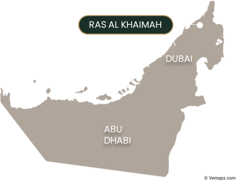 Map of the United Arab Emirates highlighting Ras Al Khaimah, the location of the Erisha Smart Manufacturing Hub