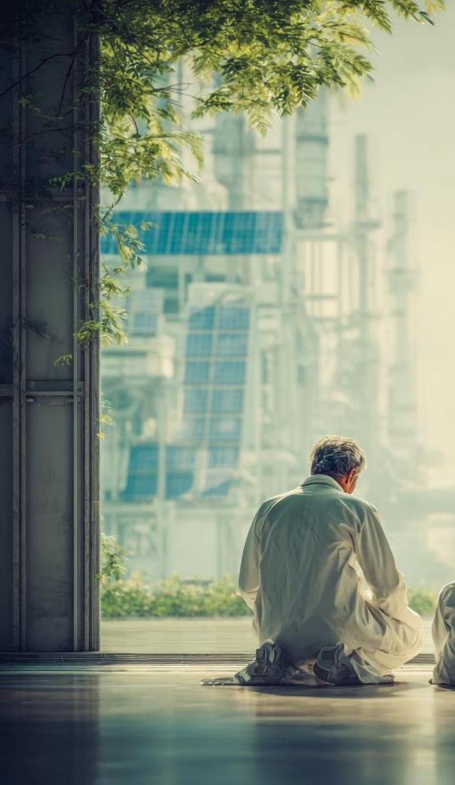 A father and child looking out over a green industrial campus of the future