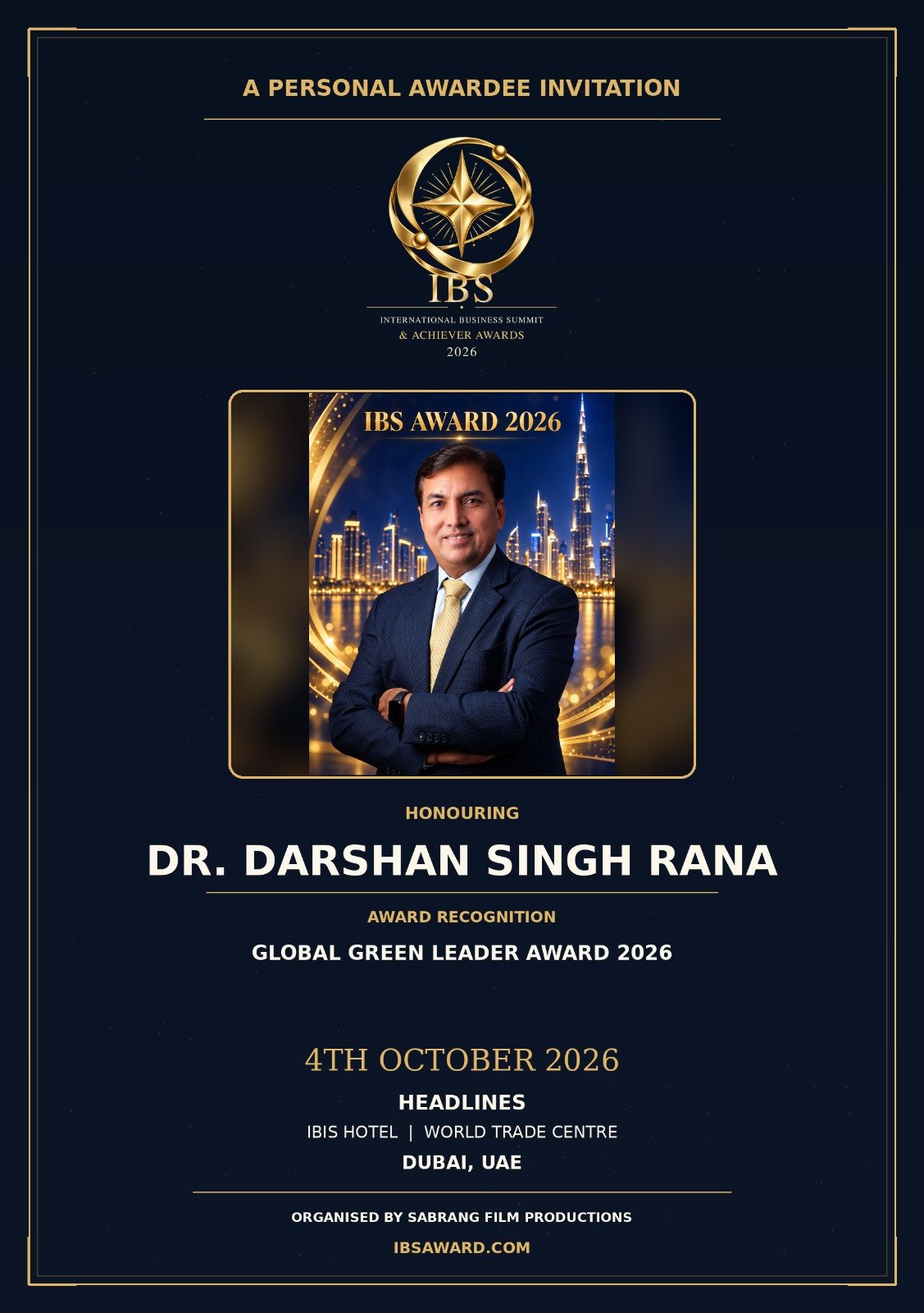 Dr. Darshan Rana Honoured with Global Green Leader Award 2026 at International Business Summit in Dubai